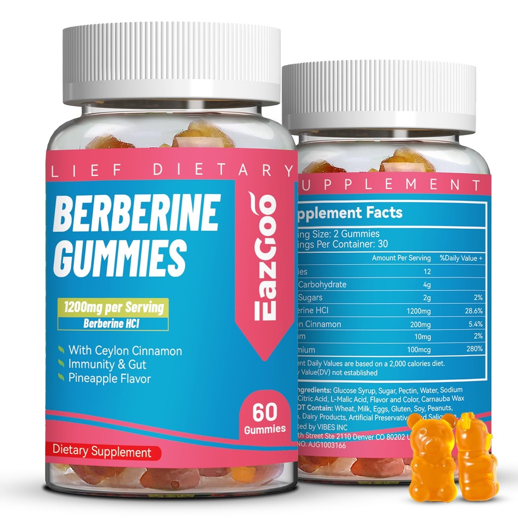 Gummie di Berberina con Ceylon Cinnamon, 1200mg Berberina HCI Supplemento per il Metabolismo e il supporto energetico, Vegan, Non OGM e Gelatin-Free - 60 Conte