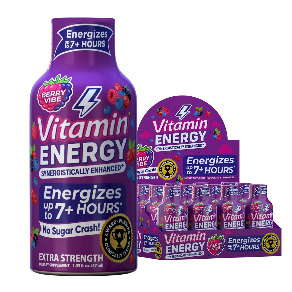 Vitamina Energy B12 11.000% Extra Strength Energy Shot Pink Berry 12 Pack, 260mg Natural Caffeine, B12 & B6, Nootropic Focus, Vitality, Zero Sugar, Gluten-Free, Vegan, Kosher, 1.93 fl oz