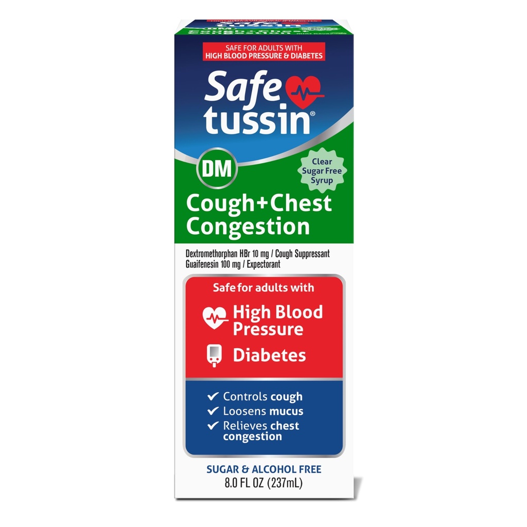 Safetussin DM Cough & Chest Congestion, 8 oz, Expectorant Mucus Relief, Cough Relief Syrup, Sicuro per gli adulti con alta pressione sanguigna & diabete
