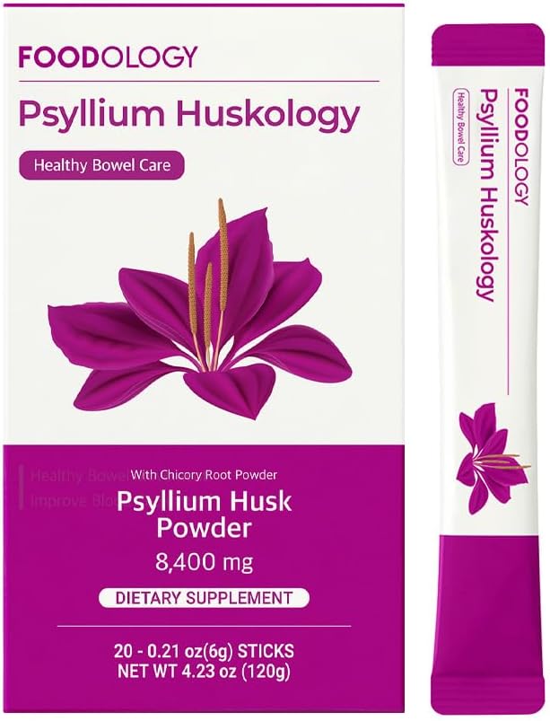 FOODOLOGY Psyllium Huskology (20 Sticks, 10 Days) - Herbal Psyllium Husk Supplemento per costipazione sollievo, Gut Health. Fibra alimentare a base vegetale, massima resistenza 7,200mg.