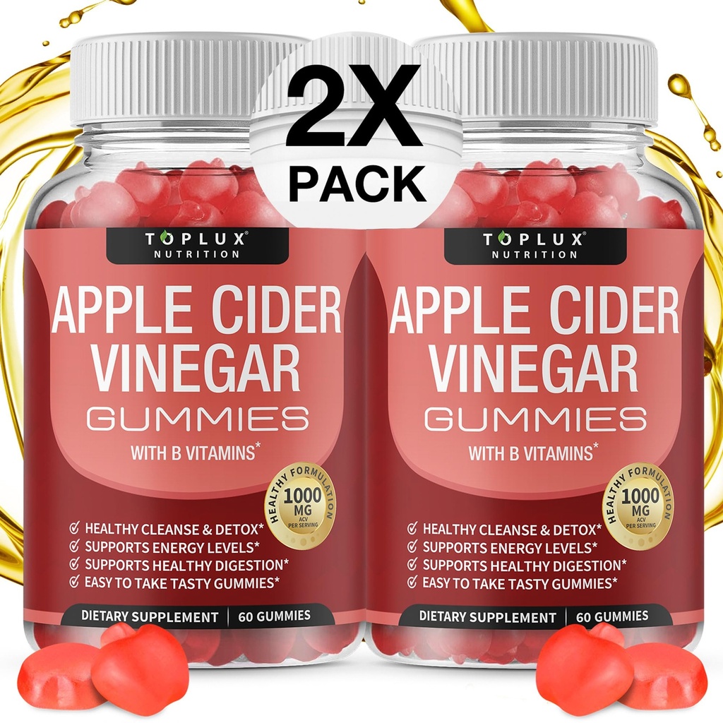 Toplux Aceto di sidro di mele Gummies - 1000mg ACV con B12, Radice di barbabietola, Melograno per il sistema immunitario, Detox & Cleanse, Gomma alternativa alle capsule di sidro di mele, per Men Women 2X Pack