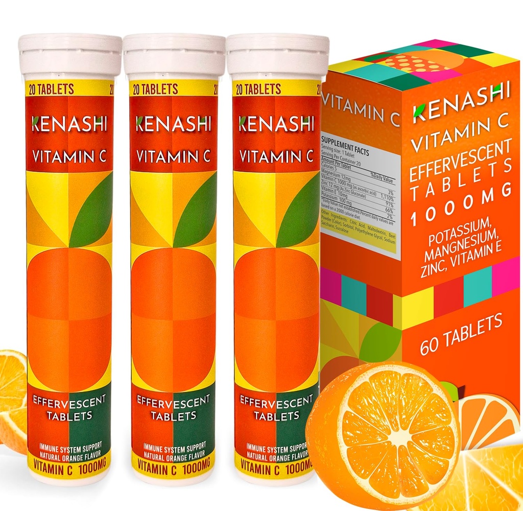 Vitamina C Tabelle effervescenti 1000mg con Magnesio Zinco Vitamina E & Potassium Vitamina C Efervescente 60 Tabelle 3 Confezione Vitamina C