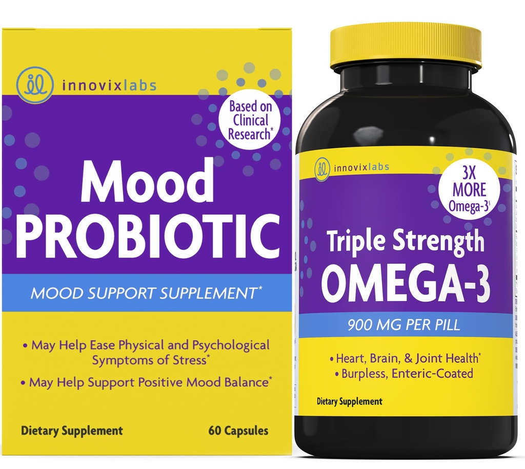 InnovixLabs Mood Probiotic & Triple Omega Bundle Mood Probiotic (60 capsule) Tripla resistenza Omega-3 Fish Oil (200 Softgel). Supporta il cervello, le articolazioni e la salute immunitaria*