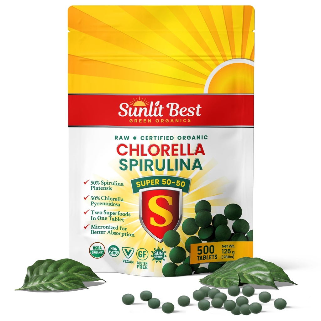 Sunlit Super 50/50 Organic Chlorella Spirulina Tablets - Super Supplemento per il supporto immunitario, Gut Health, Mood & Energy - Ricco di clorofilla, Aminoacidi & Vegan Protein, 500 Superfood Tabs