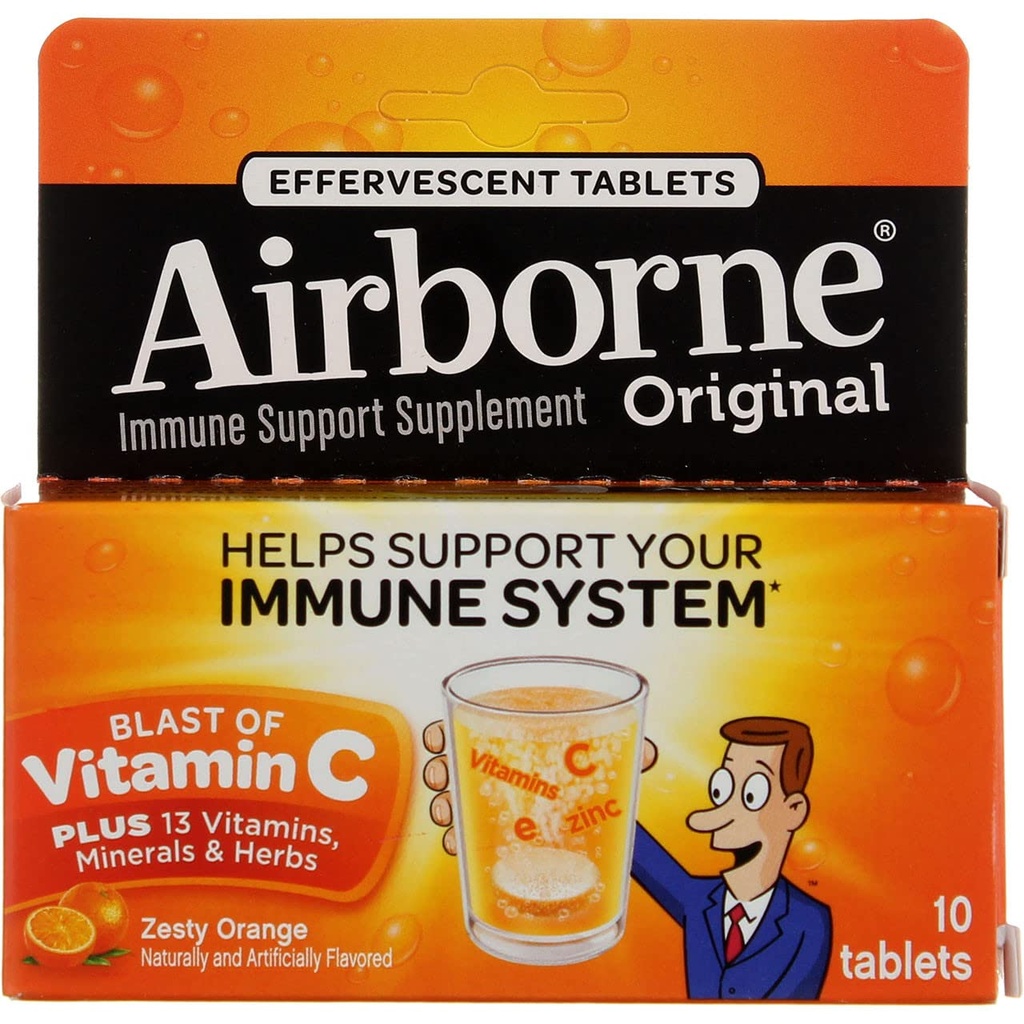 Vitamina C con vitamina D e zinco, Integratore di supporto immunitario multivitaminico senza zucchero, Antiossidanti Vitamine A C & Vitamina E, 10 Compresse effervescenti, Sapore arancio Zesty