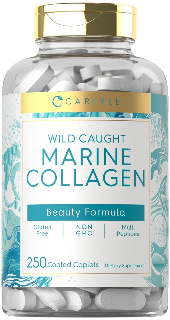 Collage marino per capelli e unghie | 250 Caplets | Peptidi per donne e uomini | Tipo I con calcio | Non OGM & Gluten Free