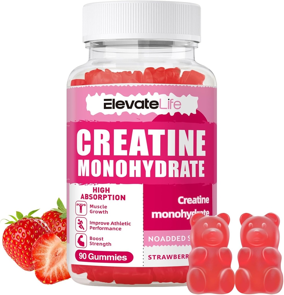 ElevateLife Creatine Monohydrate Gummies 5000mg per uomini e donne, Chewables Creatine Monoidrato per la forza muscolare, Muscle Builder, Energy Boost, Pre-Workout Supplement(90 Count)-Strawberries