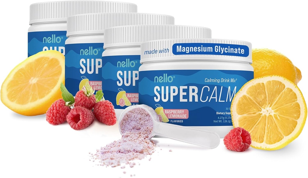 Nello Supercalm Drink Mix - Ashwagandha KSM 66, Magnesium Glycinate, L-teanina, Vitamina D3 - Ashwagandha Root Extract, Magnesium & L-Theanine Supplement - 30 Servings - 4 Pack