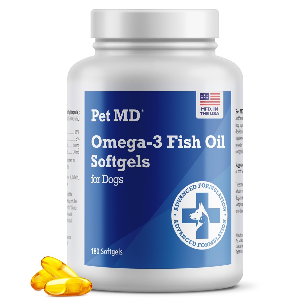 Pet MD – Omega 3 Fish Oil Supplemento per cani – Supporto per pelle e cappotto per cani – 180 Softgels