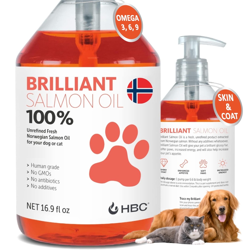 Olio di salmone per cani - Pelle sana & Cappotto, Tutto naturale Norvegese Fish Oil Supplemento per gli animali domestici, Omega 3 EPA DHA, Ideale per spargimento, allergia, prurito, pelle secca, Joint & Bone Salute - 16.9 Oz