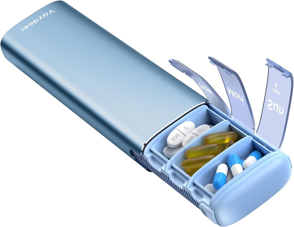 Vaydeer Metal Travel Pill Organizer, 7 Day Weekly Pill Box, Grande capacità Daily Cute Pill Case per Supplementi, Pillole, Vitamine e Farmaci (Small,Blue)