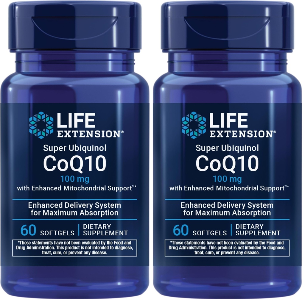 Estensione della vita Super Ubiquinol CoQ10 con il supporto mitocondriale potenziato, Potent Heart Health & Cellular Energy Production Support,Ultra-absorbable,Gluten-Free,Non-GMO, 100 mg, 60 softgels (Pack of 2)