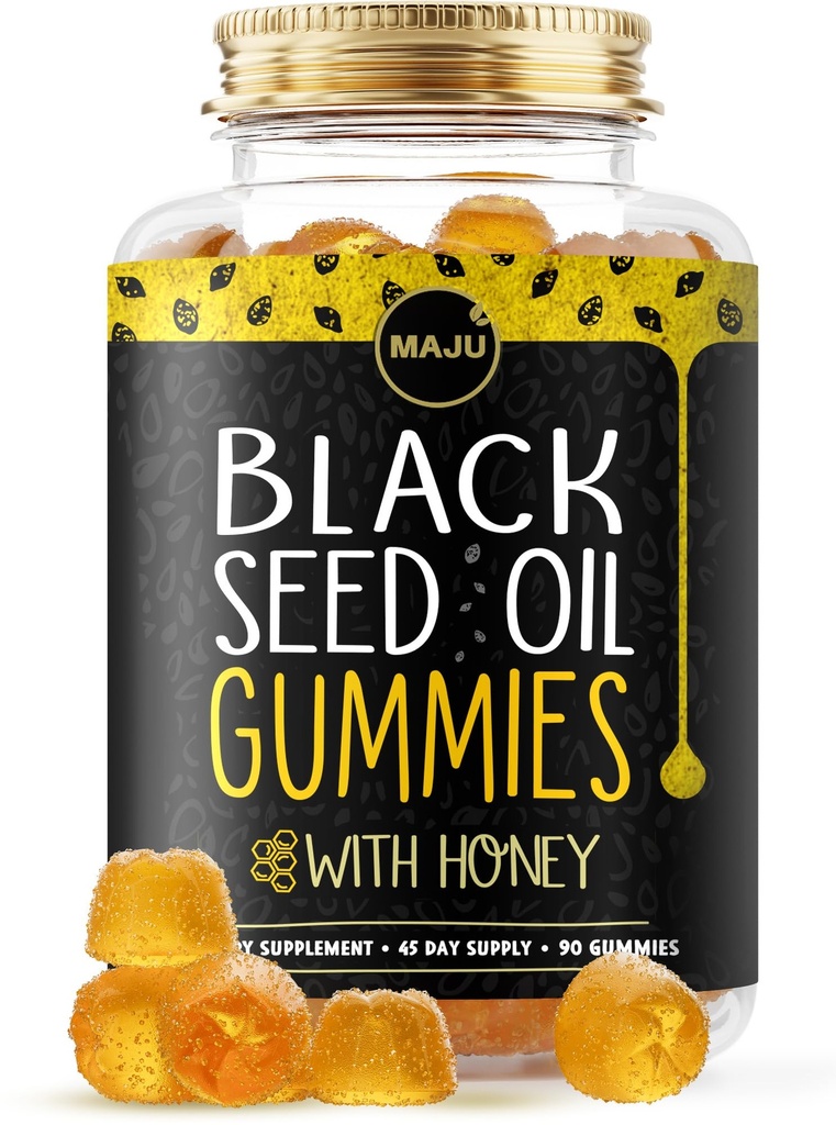 Gummie di olio di semi neri di MAJU con miele 90ct, 500mg BSO Gummy, nero Cumin Seed Nigella Sativa olio, freddo-pressed, Potent Formula, 90ct