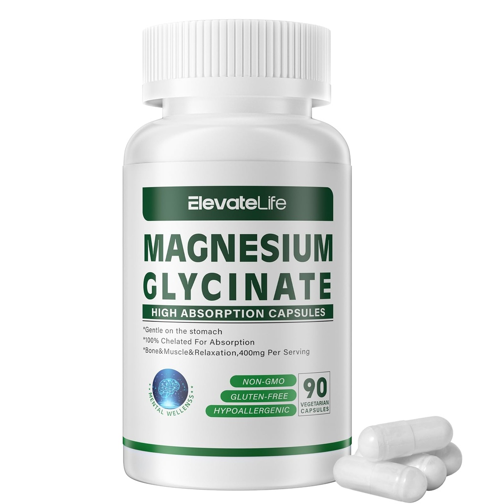 Magnesio Glycinate 400 MG per Serve 100% Chelato per Alta Assorbimento, Gentle On Stomach, Non OGM, 90 capsule vegetariane