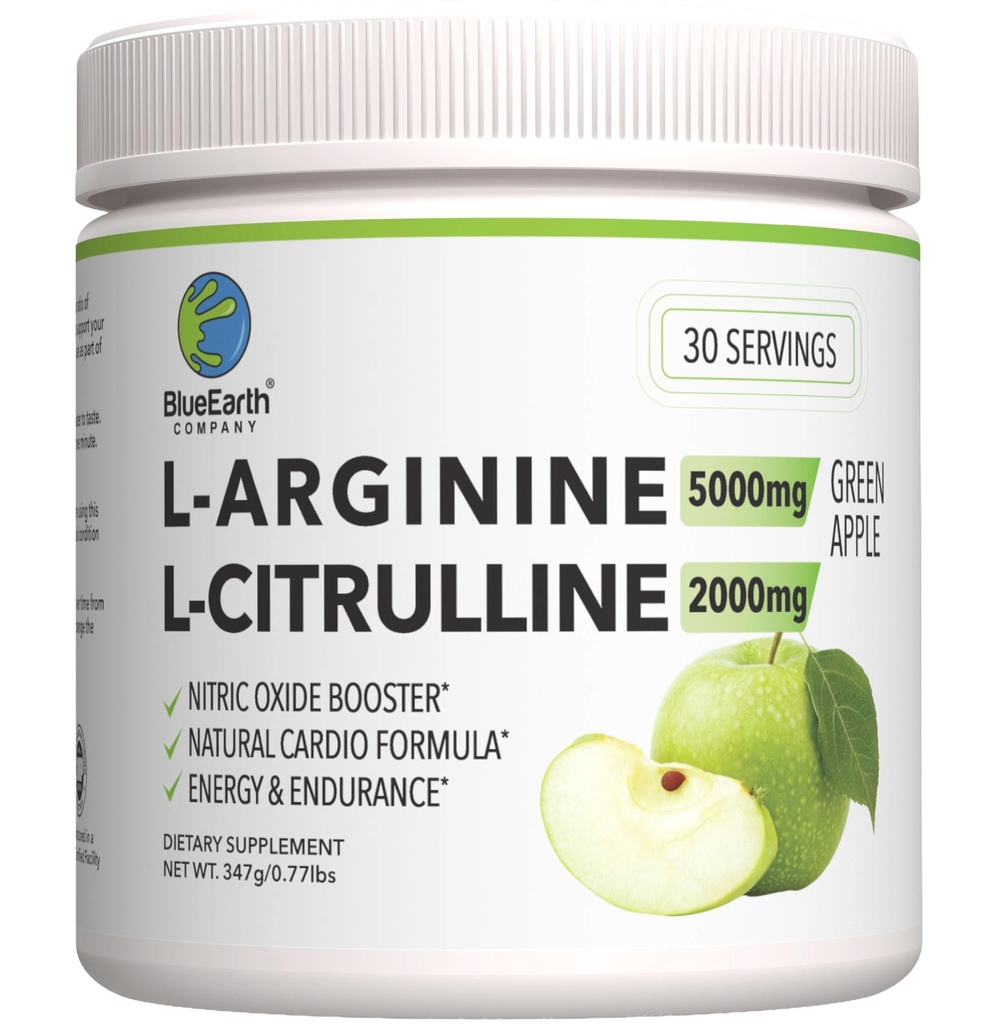 L-Arginina 5000mg + L-Citrullina 2000mg pillola bevanda miscela - Nitric Oxide Booster per la salute del cuore, flusso sanguigno & energia - 30 Serve (mela verde)