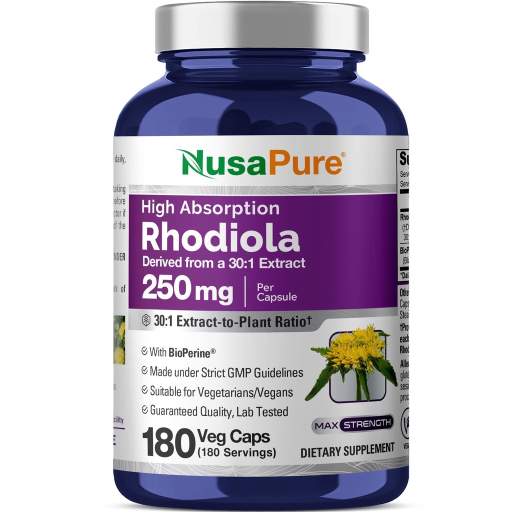 NusaPure Rhodiola Rosea 7,500mg 180 capsule vegetali (non OGM, estratto 30:1, Vegan & Gluten-Free) Bioperine