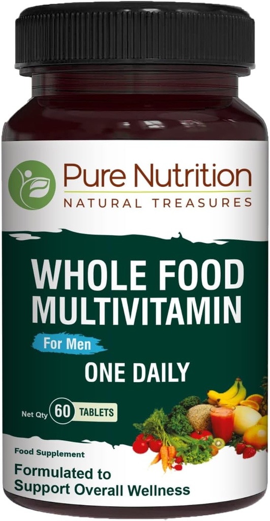 Pure Nutrition Whole Food Multivitamins for Men | 60 Tabs | One-A-Day | 100% RDA | 24 Vitamine Naturali e Minerali | Tutti Natural Plant Based Men's Multivitamin | 2 Mesi di Alimentazione