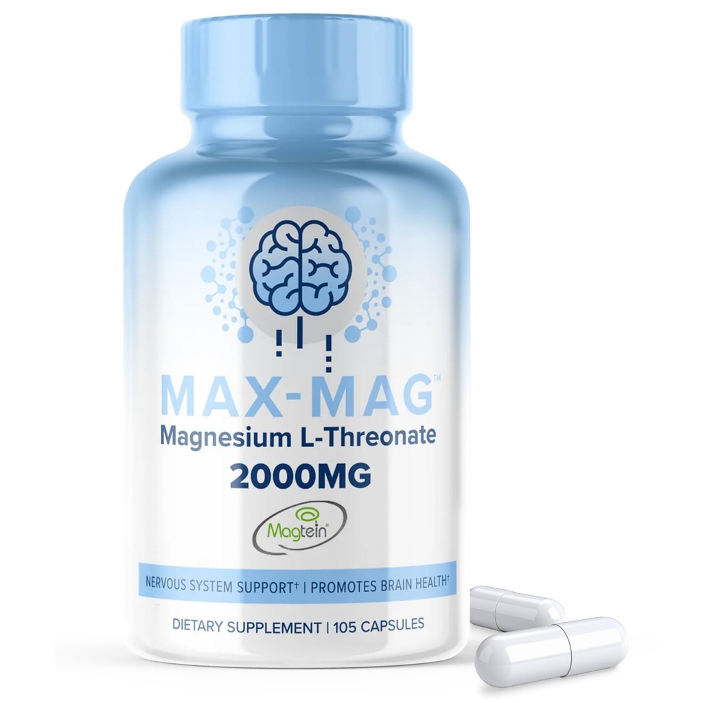 Max-Mag Magnesio L-Threonate Supplemento - 105 capsule Made in USA- Magtein 2000mg Complex con vitamina D3 e K2 per il sonno, Mood & Brain Magnesium L Threonate capsule Nutrition by MaxLife Naturals
