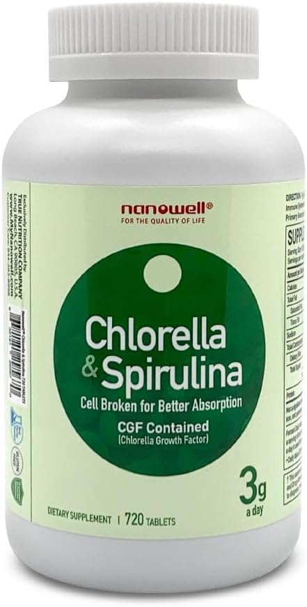 NANOWELL Chlorella & Spirulina 720 Tavole - Chlorella, Spirulina, Antiossidanti, Vitamine, Ricco di proteine, Muro di cellule rotte (720 Conte)