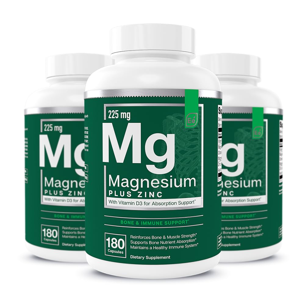 Elementi essenziali Magnesio Plus Zinco con vitamina D3 | Cuore formulato scientificamente, Bone e supporto muscolare | 225mg Complesso di Magnesio Triple-Strength con Glycinate, Malate, Citrate | 540 Conte