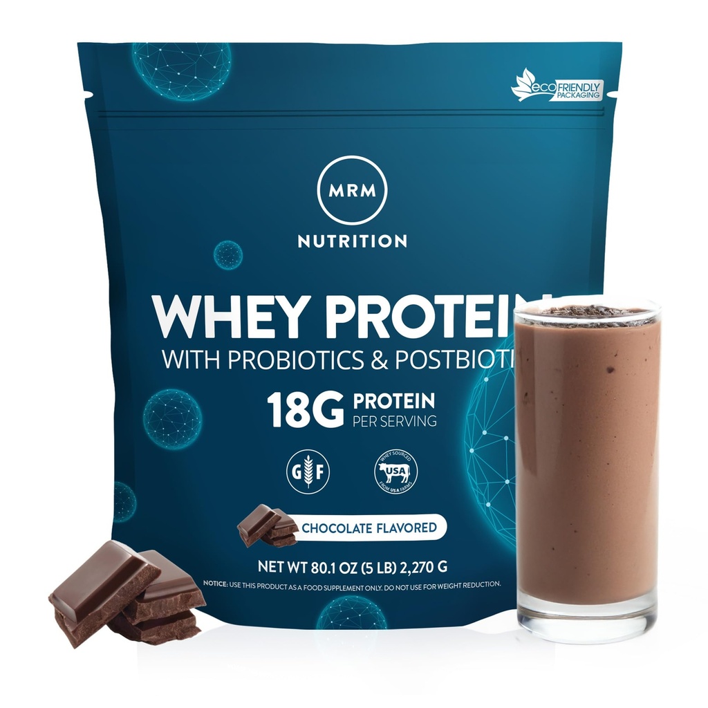 MRM Nutrition Whey Protein | Chocolate Flavored | 18g Protein | con 2 miliardi di probiotici + enzimi digestivi + BCAAs | Alto assorbimento + digestione | Ormone + antibiotico Free | 87 Serve