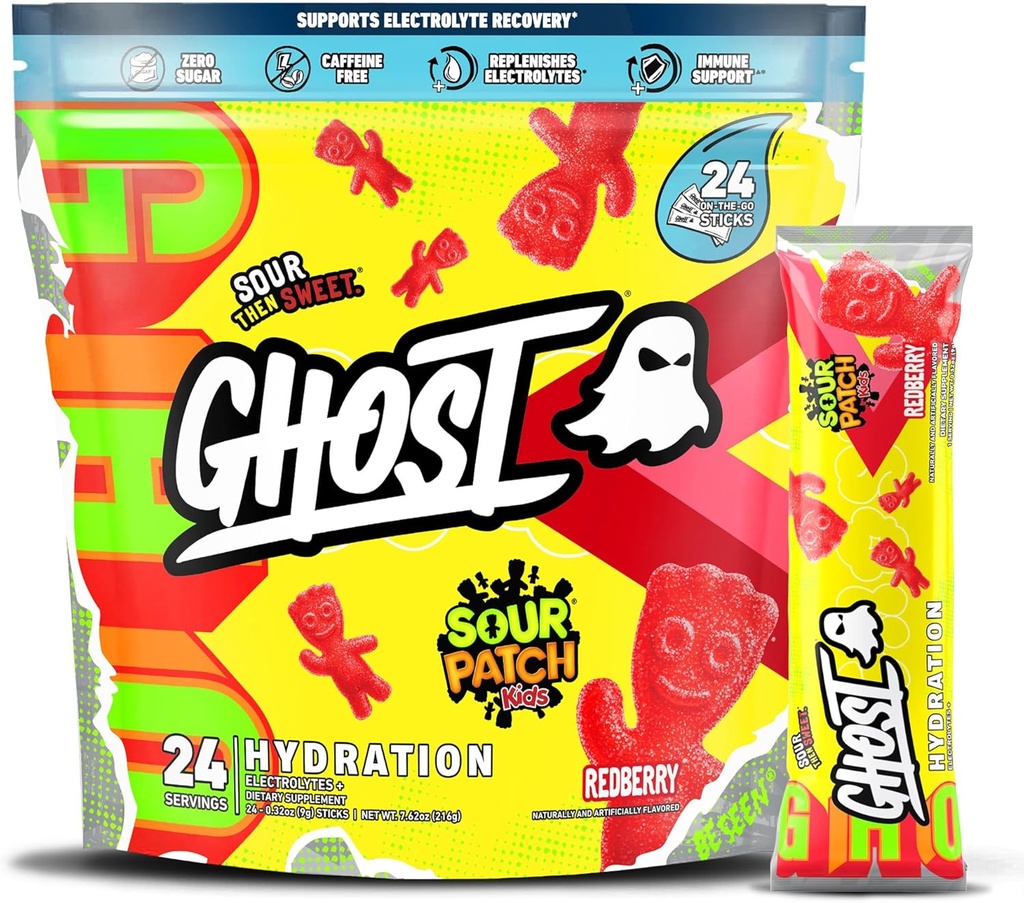 GHOST Hydration Packets, Sour Patch Kids Redberry, 24 Sticks, Polvere di elettrolita - Bere miscela supplemento con magnesio, potassio, calcio, vitamina C - Vegan, senza soia, zucchero e glutine