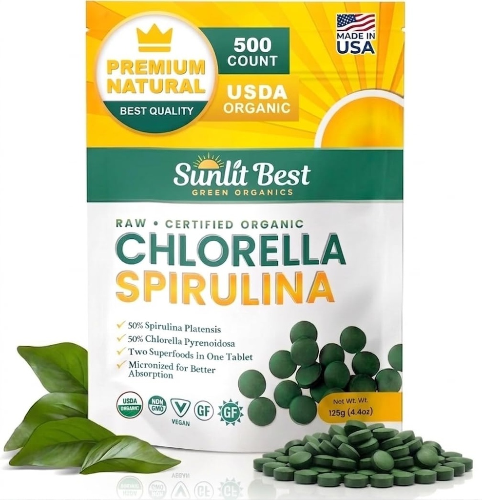 Spirulina Spirulina Spirulina - Organic USDA, Spirulina Premium e capsule di clorella 500 pillole - Clorellas Superfood naturale con Spirulina Algae, Enzymes Chlorophyll & Vegan Protein