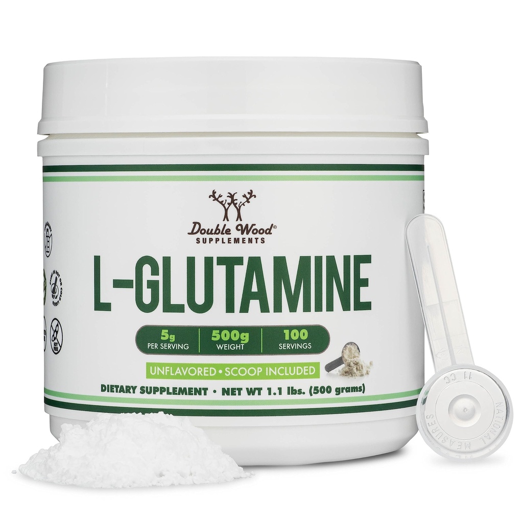L Polvere di Glutamina 1.1lbs (100 Serve di 5 Grammi Ogni - Polvere di L-Glutamina Testata di Terze Parti) Non aromaed, Keto, Vegan Friendly (con Scoop) per Esercizio Endurance e Gut Salute da Legno Doppio