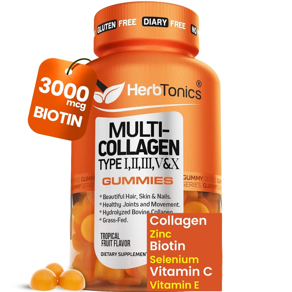 Ertonici Multi Collagen Gummies con Biotina & Vitamina C, Peptidi di collagene idrolizzati Tipi I, II, III, V, X per capelli, Pelle, Unghie, & Bone Support - Flavor tropicale, 60 Gummies