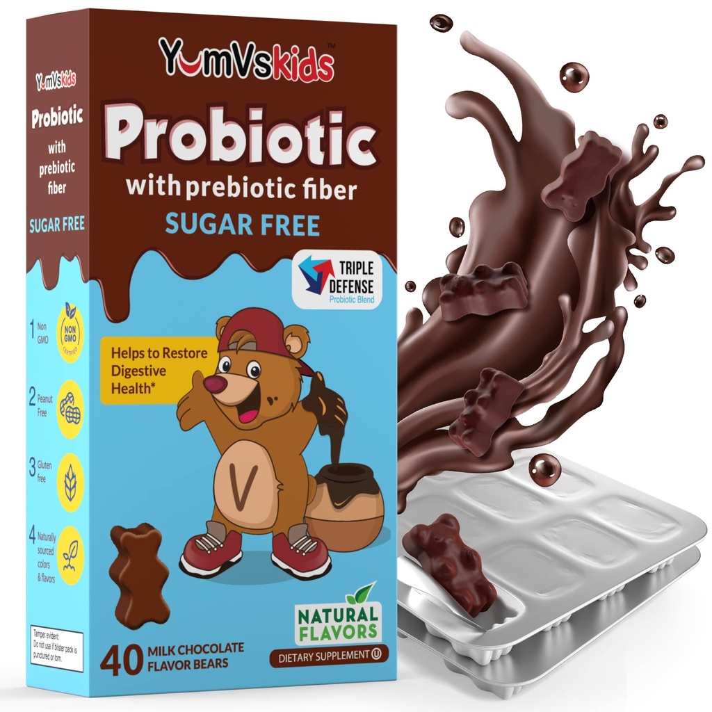 YumVs Probiotici per bambini con fibre prebiotiche Zucchero Cioccolato gratuito Integratori per masticare - Integratore alimentare Caldaie per la salute digestiva - Bambini & adolescenti 60 Conte