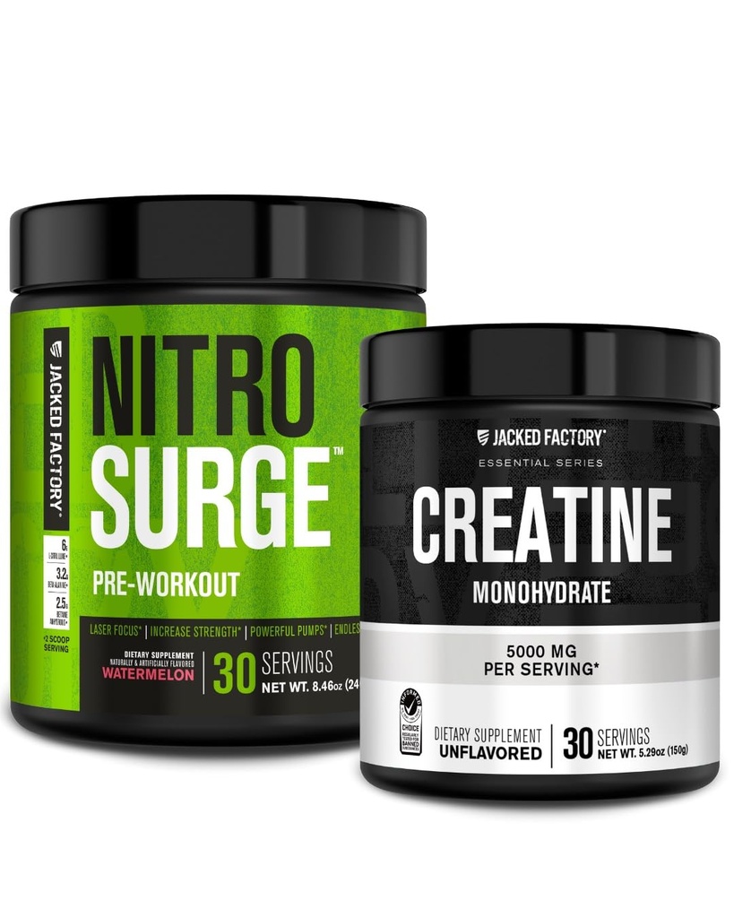 Jacked Factory NITROSURGE Pre-Workout Supplement - Pompe intenzionali (30 Serve, Watermelon) & Creatina Monoidrato Polvere per la crescita muscolare (30 Serve, non aromatizzato)