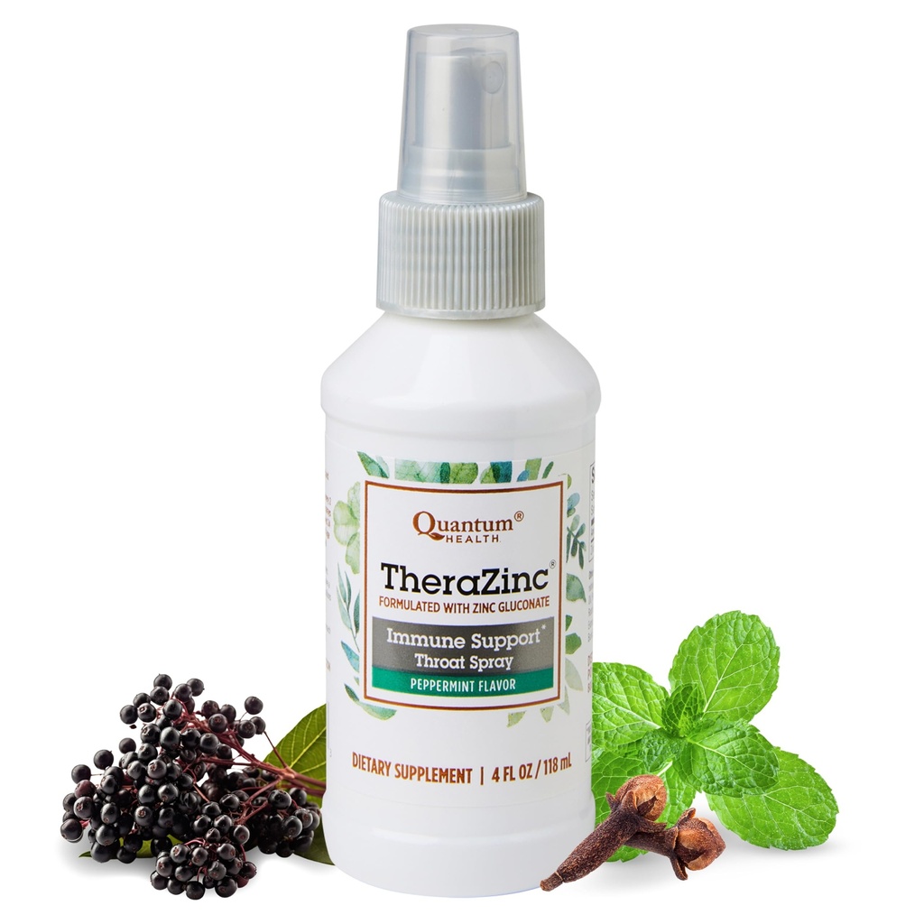 Lo spray orale Quantum Health TheraZinc, il supporto immunitario dello zinco per adulti e bambini, fornisce il sollievo dalla gola in uno spray liquido rilassante, 4 Oz.