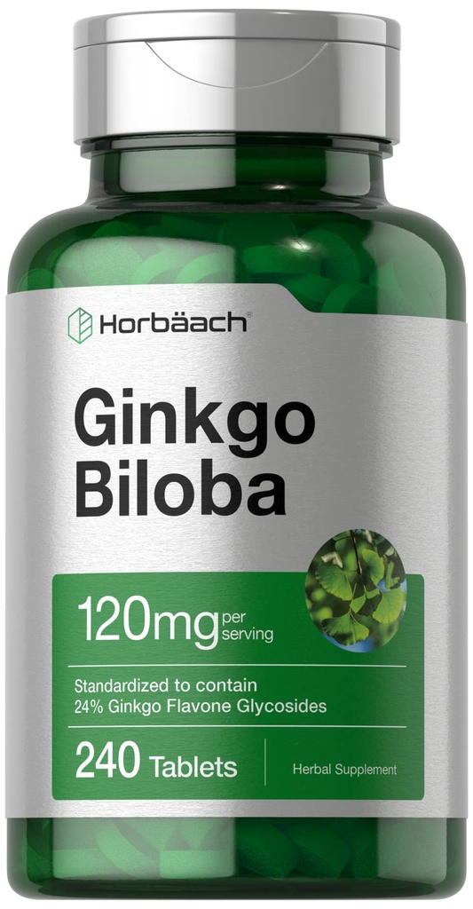 Horbäach Ginkgo Biloba Supplemento | 120mg | 240 compresse | Estratto di erbe standardizzato | Glycoside Flavone | Vegetariano, Non OGM e Gluten Free