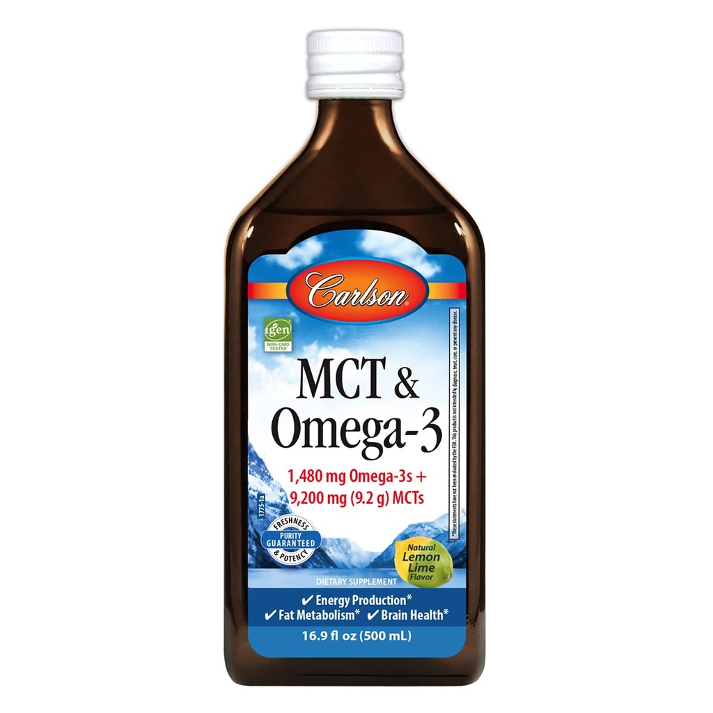 Carlson - MCT & Omega-3, 1480 mg Omega-3, 9200 mg MCT, Keto-Friendly, Caprylic & Capric Acids, Energy Production, Fat Metabolism, Lemon-Lime, 500 mL (16.9 Fl Oz)