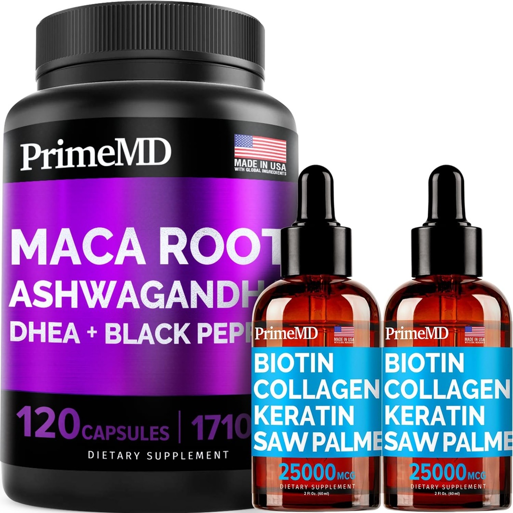 4-in-1 Liquid Biotin Collagen Keratin Saw Palmetto Gocce (2 fl oz - 2 Pack) & 6-in-1 Maca Root Ashwagandha w Black Pepper Fruit (120ct) Bundle - Hair, Skin, Nails, Energy & Mood Support Supplemento