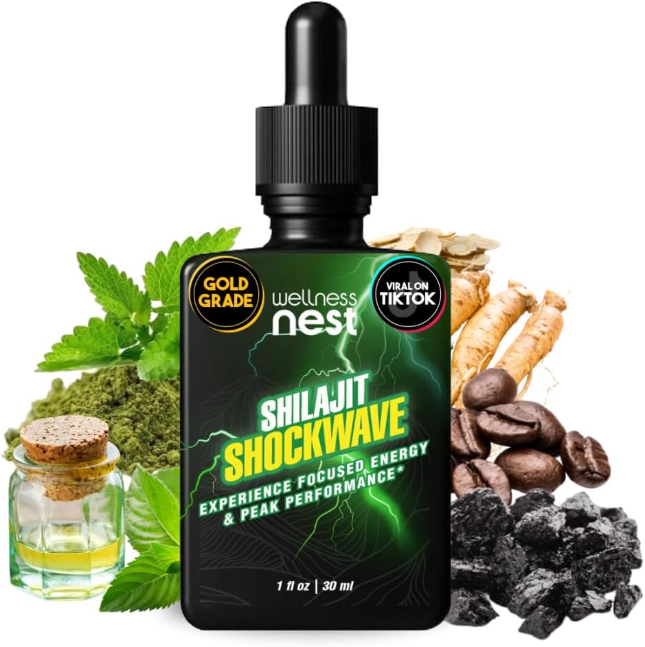 Benessere Nest Shilajit Shockwave Gocce: Gocce di energia, Gocce di messa a fuoco - Pure Himalayan Shilajit con Tulsi naturale, Panax Ginseng, Peppermint, Japanmint Supercharge Your Day - 30 Servings