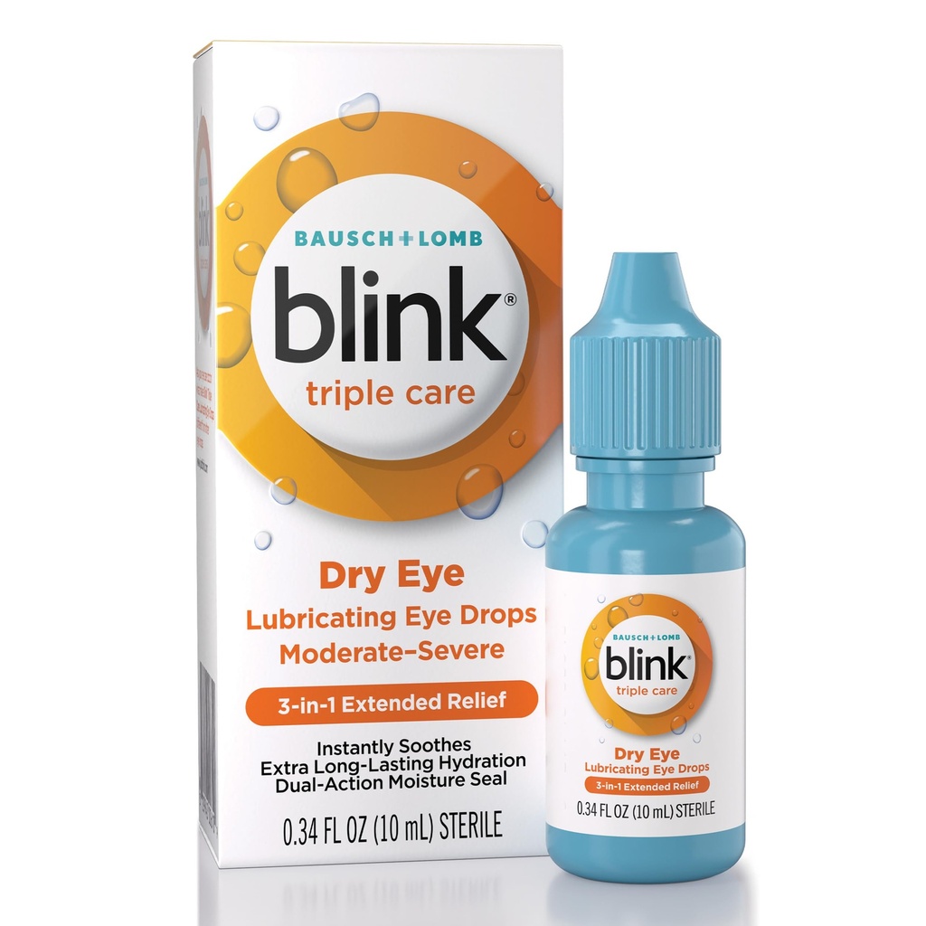 BLINK Triple Care Eye Drops for Dry Eyes, gocce di occhio lubrificante, lenitura per moderata a Severe Occhi secchi, con Hyaluronate, riduce Discomfort, idratazione a lunga durata, 0.34 Fl Oz