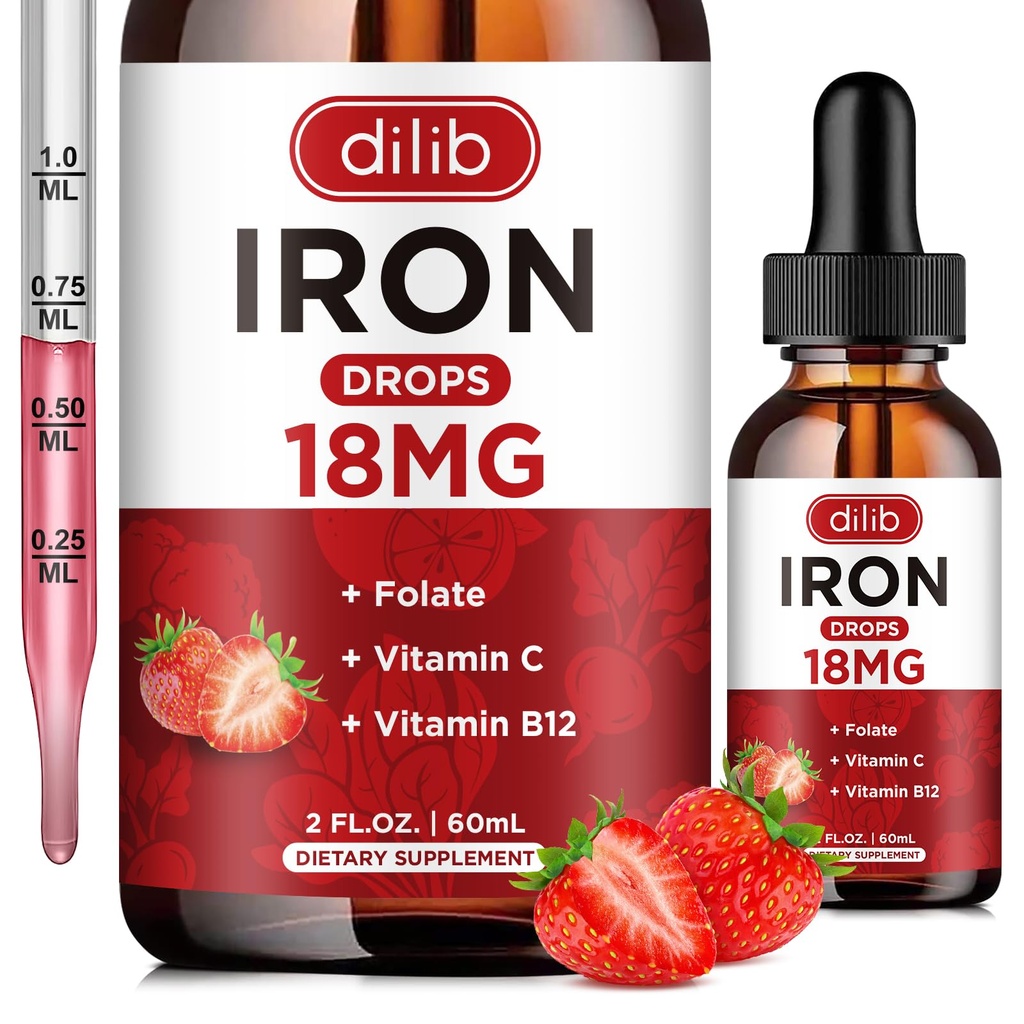 Supplemento di ferro liquido per le donne e gli uomini di ferro gocce di ferro Supplementi di ferro per l'anemia con Folate, vitamina C, B12 per il supporto delle cellule di sangue rosso-fragola, 2 Fl Oz