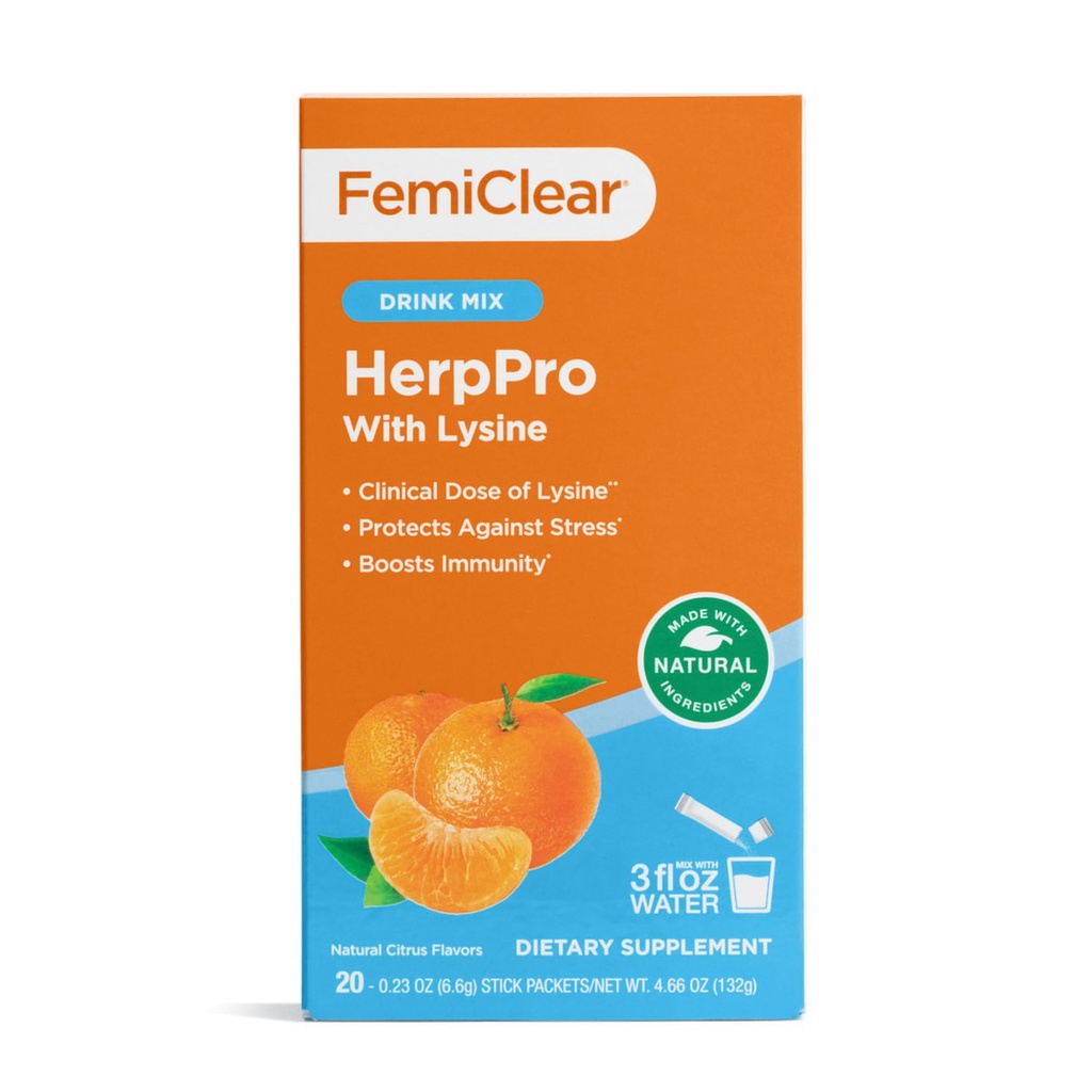 FemiClear HerpPro Drink Mix, con L-Lysine 3000mg, Zinco, Vitamine A & C, Ashwagandha, Immunità & Stress Supplemento per le donne & uomini, 20 Stick Packets