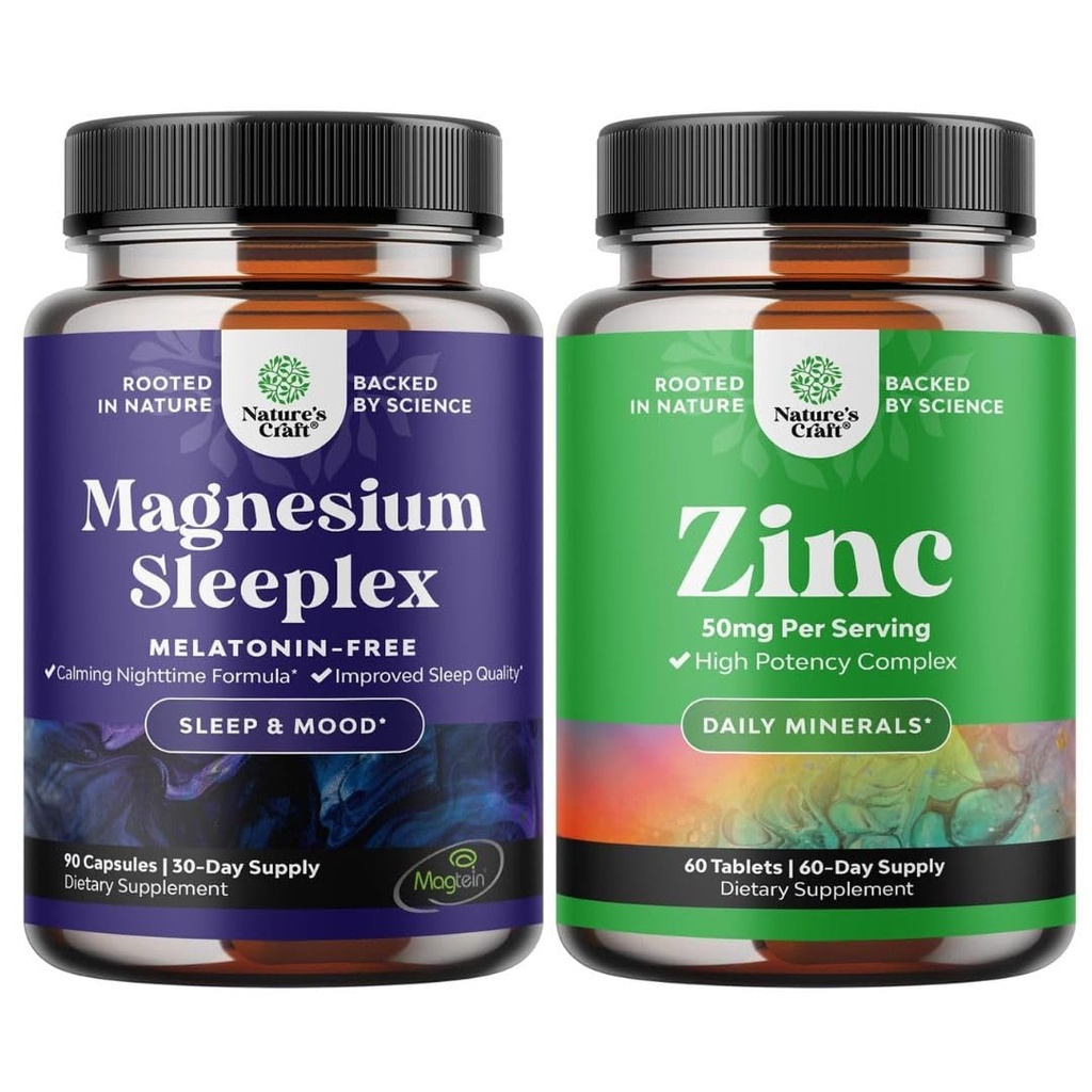 Bundle di alto assorbimento Magnesio Supplemento di sonno - Magnesio calma senza melatonina per il sonno e lo zinco 50mg Supporto immunitario - Supplemento Complesso di zinco per il sistema immunitario