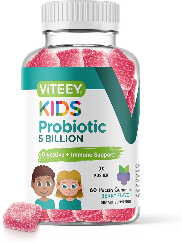 Viteey Probiotic Gummies per bambini - 5 miliardi di CFU - Probiotici Kids Constipation Relief, Natural Immune & Digestive Health Support - Vegetariano, Gelatin Free, OGM Free - Tasty Berry Gummie aromatizzate