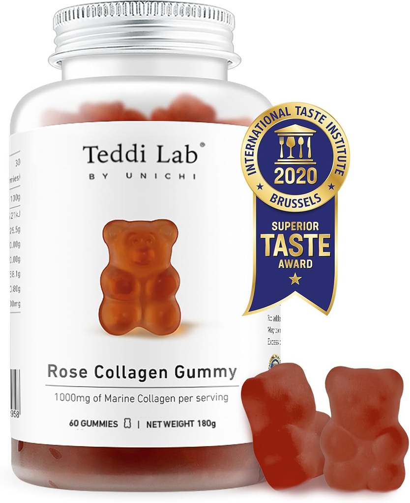 Unichi Rose Collagen Gummy, 1000mg Alto-Volume Marine Collagen Integratori per le donne con Peptidi di collagene, Petali di rosa, Ciliegia di Acerola, Rosehip, 60 Conte