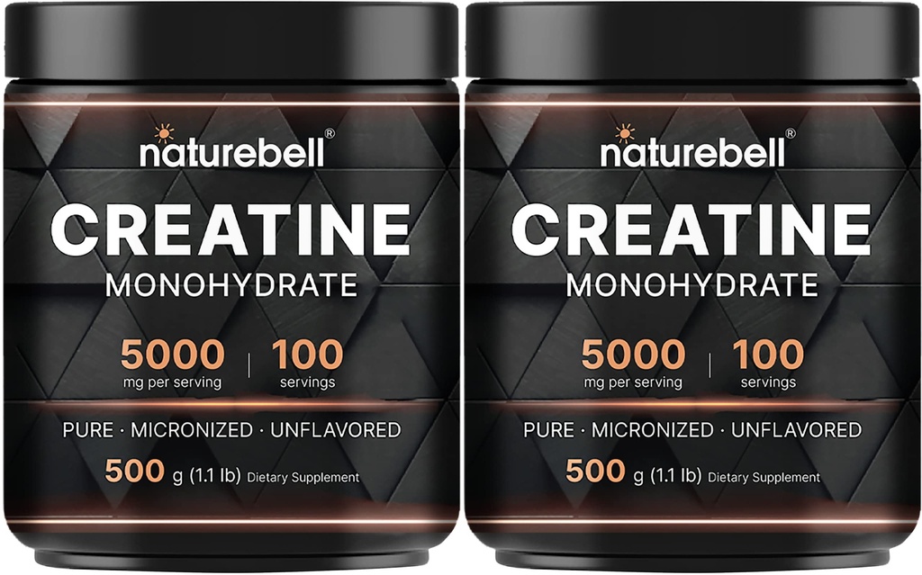 NatureBell 2 Pack Creatine Monohydrate Powder 500g, 5000mg Per Serving | Micronized, Pure & Unflavored | Pre-Workout Muscle Support | Keto, Vegan, Filler-Free | 200 Servings (2.2 lb)