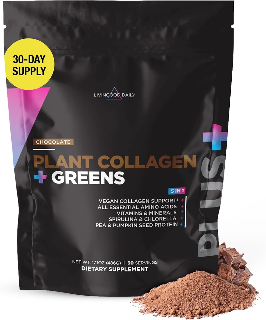 Livingood Daily Plant Collagen + Greens Powder, Chocolate, 5-in-1 Collagen Support with Pea Protein, Aminoacidi, Spirulina, Chlorella & Vitamina C, Hair Skin Nails Support, Vegan, 30 Serve