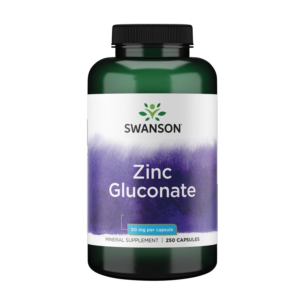 Swanson Zinc Gluconate - Supplemento minerale Promuovere la salute della prostata, la salute della visione, e il supporto immunitario - Modulo di glucosio per l'assorbimento ottimale - (250 capsule, 50 mg ogni)