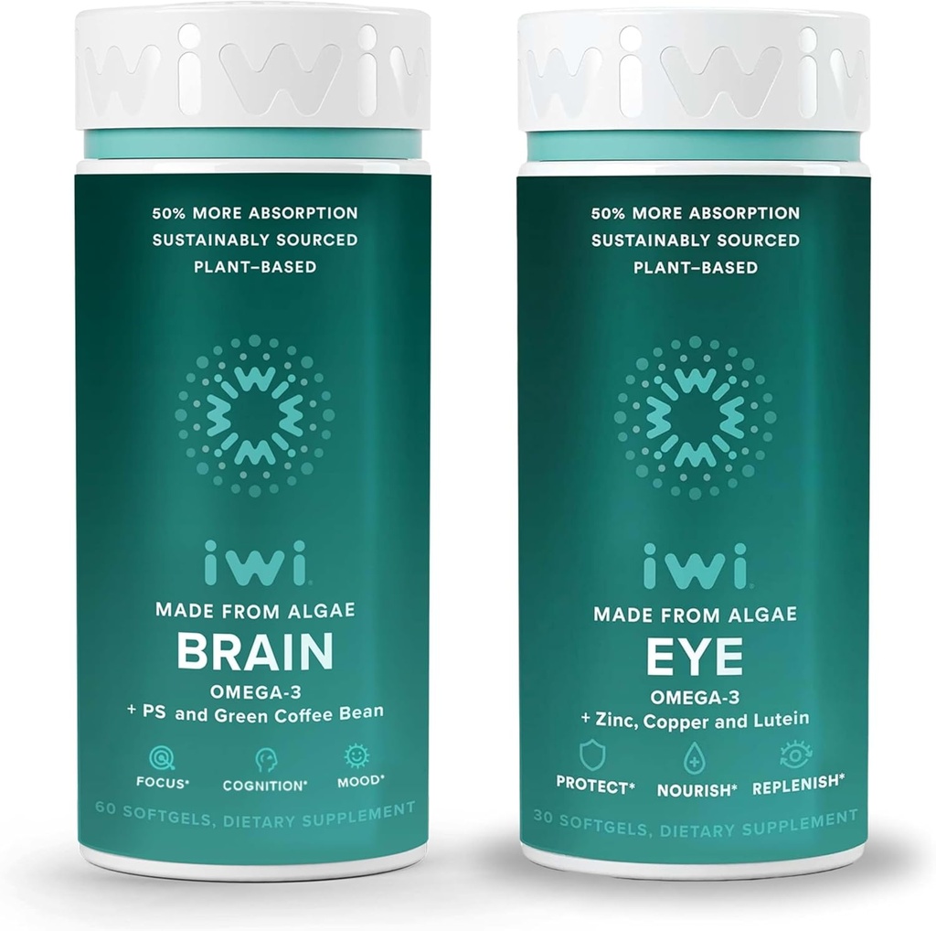 Iwi vita cervello & occhio Omega-3 Bundle, 30 Servings, Vegan pianta-based Algae Omega 3 con EPA + DHA, Krill & Fish Oil Alternative, No Fishy Aftertaste