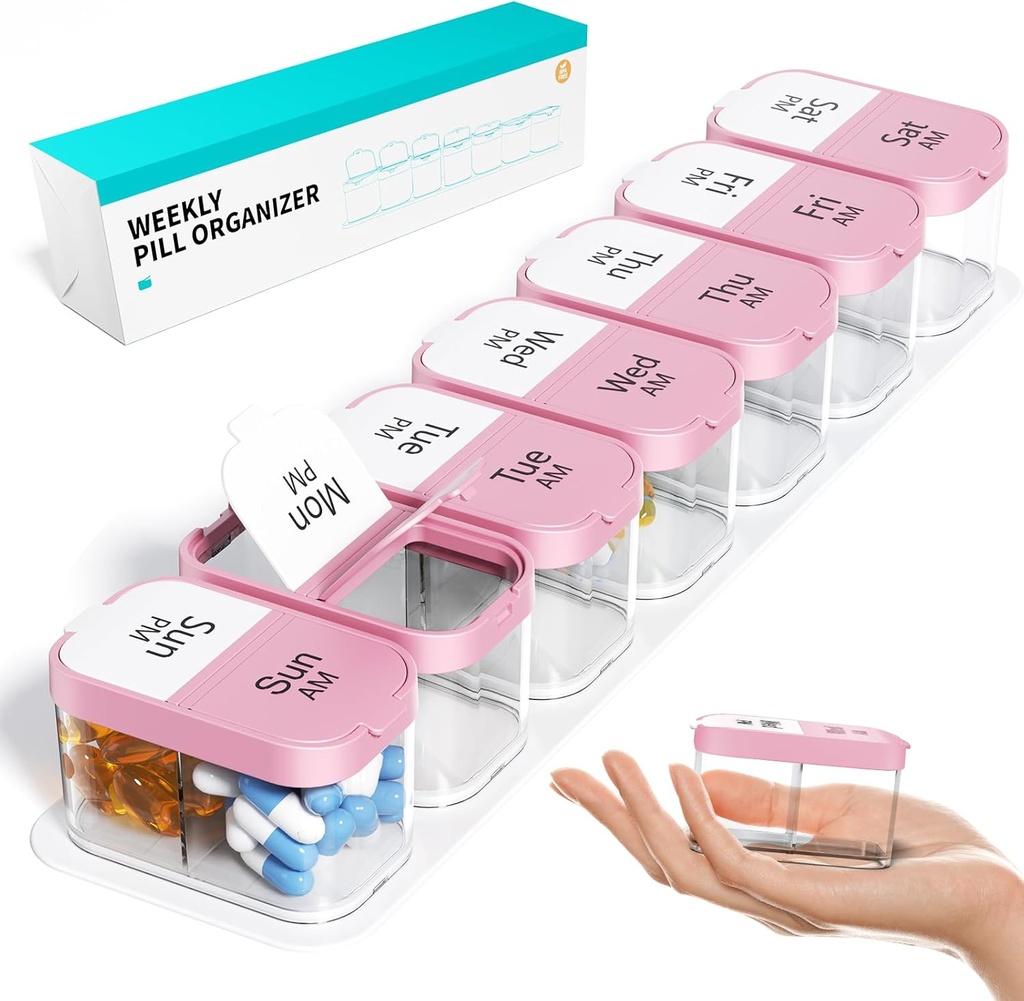 Odaro Extra Large Weekly Pill Organizer 2 volte al giorno, Pill Box 7 giorni Am Pm per tenere la vitamina e supplementi di medicina quotidiana - Rosa