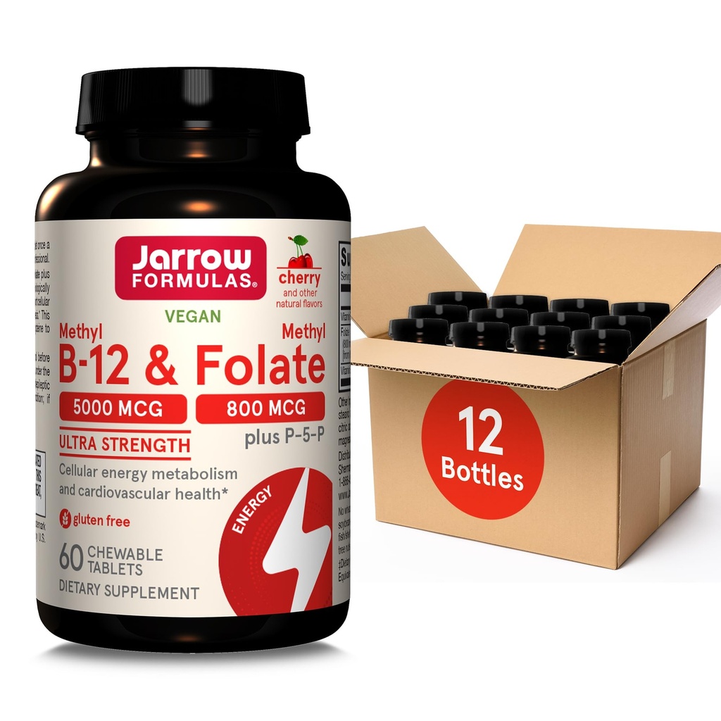 Jarrow Formulas Ultra Strength Methyl B-12 5000 mcg & Methyl Folate 800 mcg + P-5-P, supplemento per il metabolismo dell'energia cellulare e il supporto cardiovascolare, 60 compresse masticabili, alimentazione di 60 giorni, 12 pacchetti