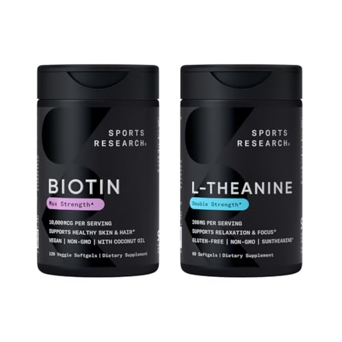 Ricerca sportiva Vegan Biotin 10.000mcg con olio di cocco Max Forza Vitamina B7 120 Softgels (4 mesi di alimentazione) e Doppia resistenza L-teanina Supplemento per messa a fuoco, Rilassamento & Alertness 200mg 60 Conte