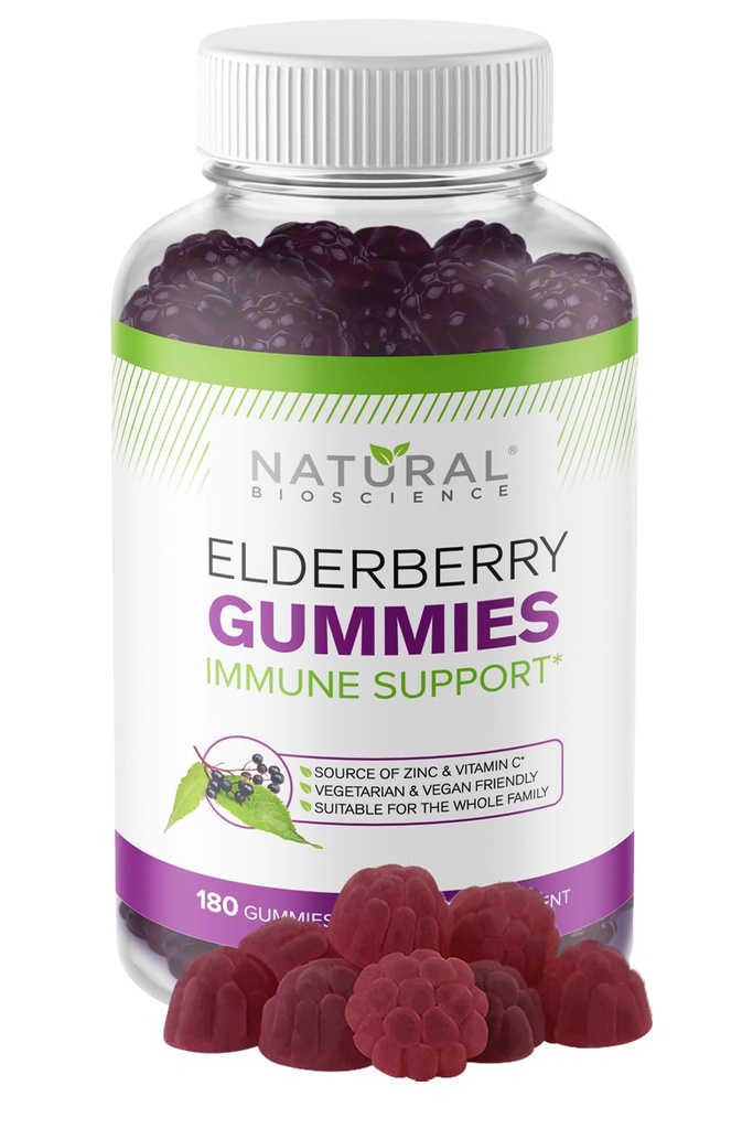 Bioscienza naturale Sambucus Elderberry Gummies con vitamina C & Zinc, Supporto immunitario per adulti e bambini, Daily Antioxidant & Wellness Boost, 180 Vegan, Gluten-Free, Gummies di sambuco masticabile